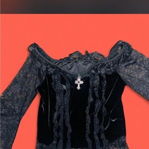 Black Lace Velvet Women's Gothic Top with Cross Pendant size medium
